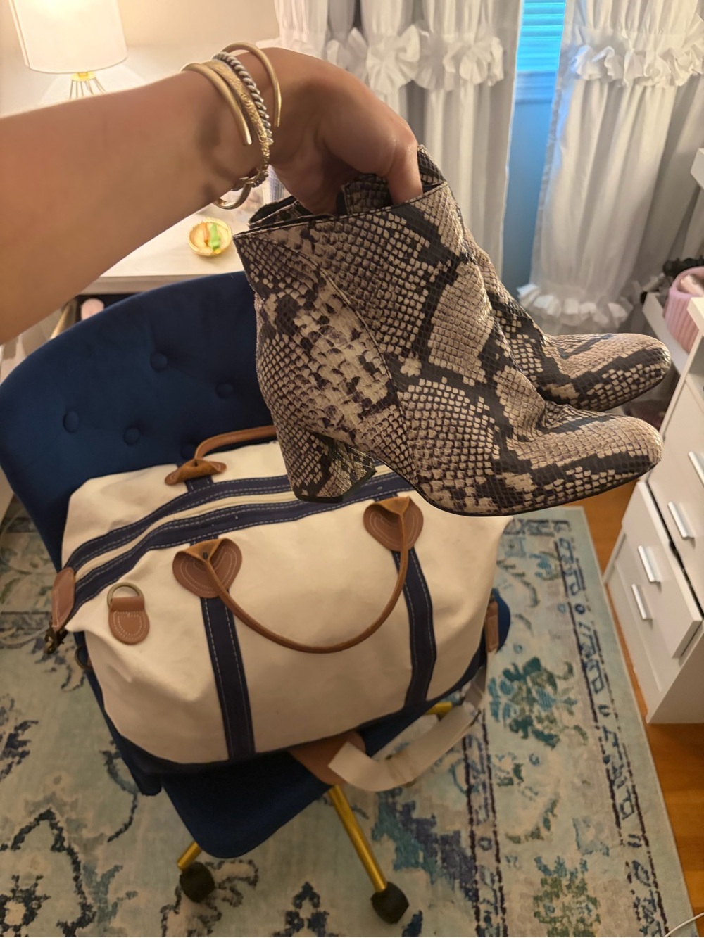 Snake-Print Ankle Booties in Cream & Black
